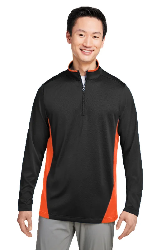 Harriton Mens Flash Performance Moisture Wicking Colorblock 1/4 Zip Sweatshirt - Black/Team Orange