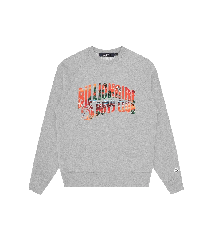 TROPICAL ISLAND FILL ARCH LOGO CREWNECK - HEATHER GREY