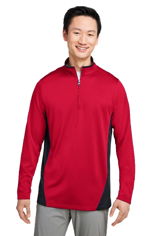 Harriton Mens Flash Performance Moisture Wicking Colorblock 1/4 Zip Sweatshirt - Red/Black