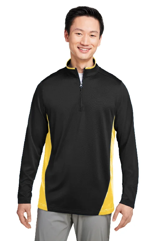 Harriton Mens Flash Performance Moisture Wicking Colorblock 1/4 Zip Sweatshirt - Black/Sunray Yellow