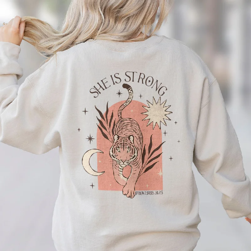 She is Strong Boho Tiger - Proverbs 31:25 Back Print Sweatshirt