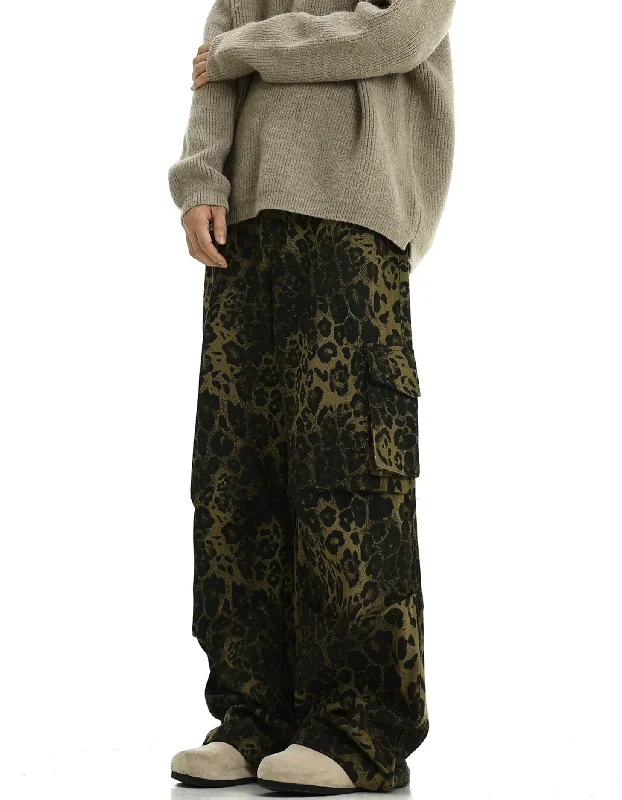 Leopard Print Cargo Pocketed Wide Leg Pants