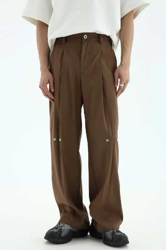 Pleated Straight Fit Pants with Knee Buttons