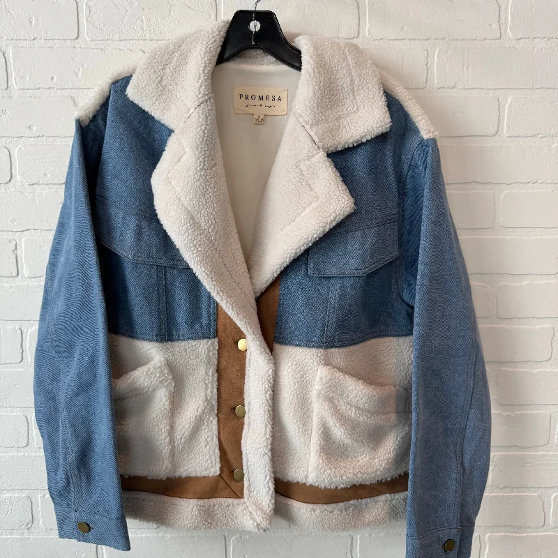 Jacket Faux Fur & Sherpa By Promesa In Blue & Cream, Size: S