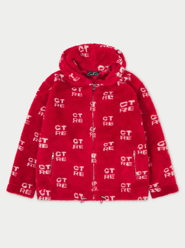 CTRE FUR LOGO OVERSIZED HOODED JACKET - RED