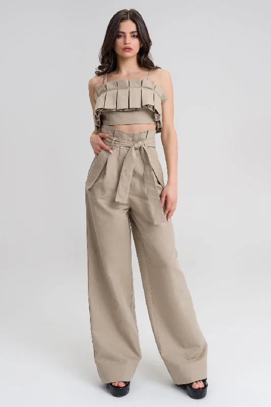 Zoey  Beige Linen Paperbag Waist Pants