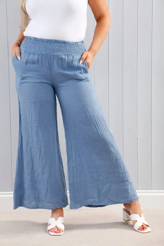 Linen Palazzo Pants Denim Blue