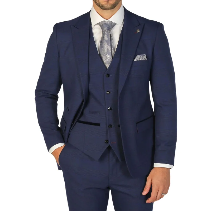 Men's Blazer Navy Blue Checked Tailored Fit Formal Suit Jacket