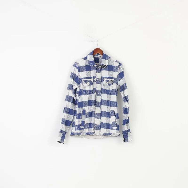 Superdry Men S Jacket Checkered Blue White Cotton Full Zipper Bottoms Western Shirt Company Mustang