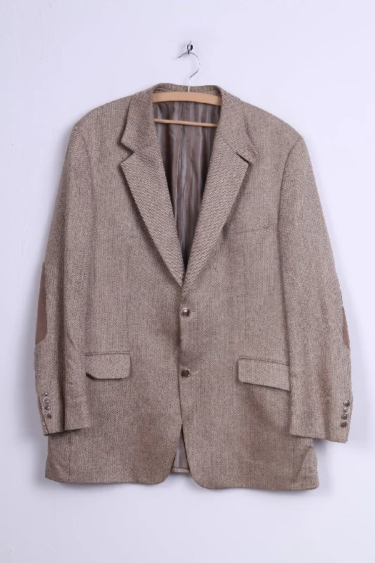 Mario Barutti Mens 54 XL Blazer Beige Silk Herringbone Pads Single Breasted Jacket