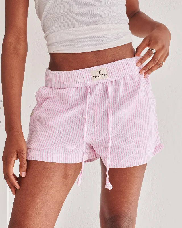 White & Pink Pinstripe Short Shorts