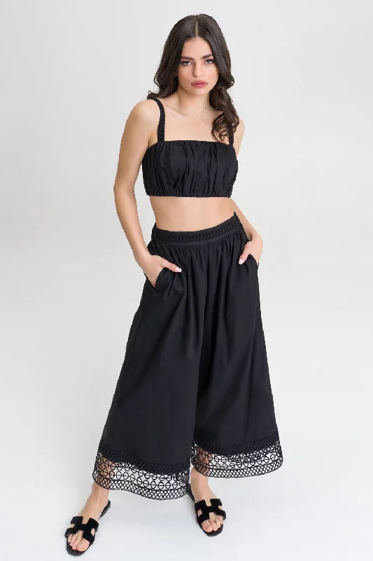 Sadie Black cotton blend embroided wide pants