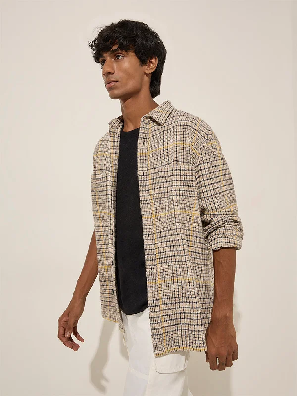 Nuon Beige Checkered Relaxed-Fit Cotton Shacket